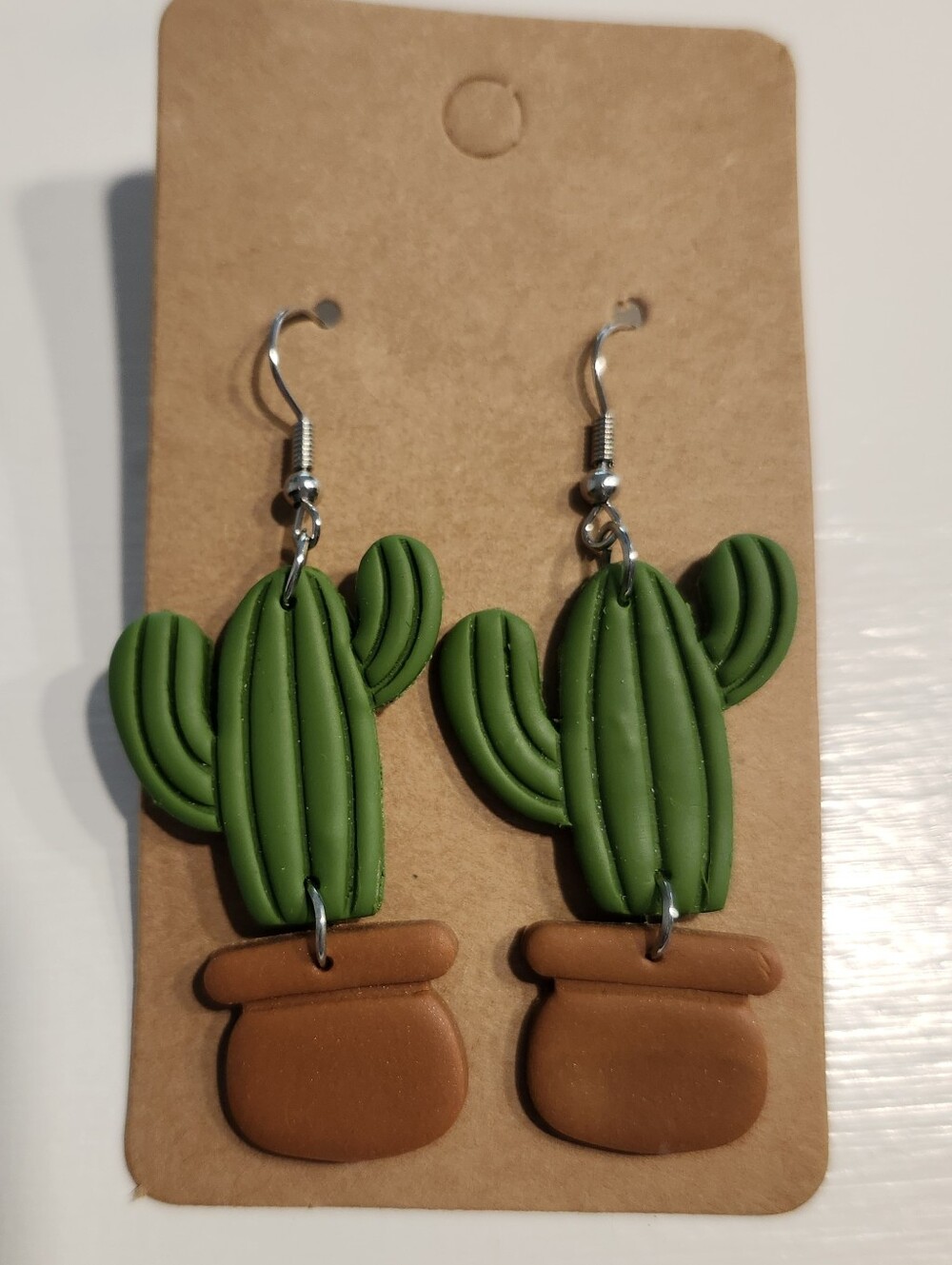 Handmade Clay Green Cactus Pot Dangle Earrings